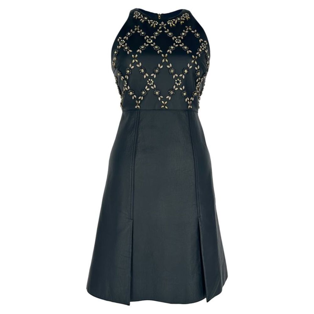Erdem Crystal Floral Hudson Sleeveless Dress in Navy Leather Wool